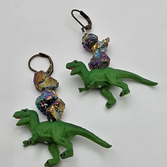 Green Dinosaur Drop Earrings with Iridescent Accent Beads - Picture 4 of 6